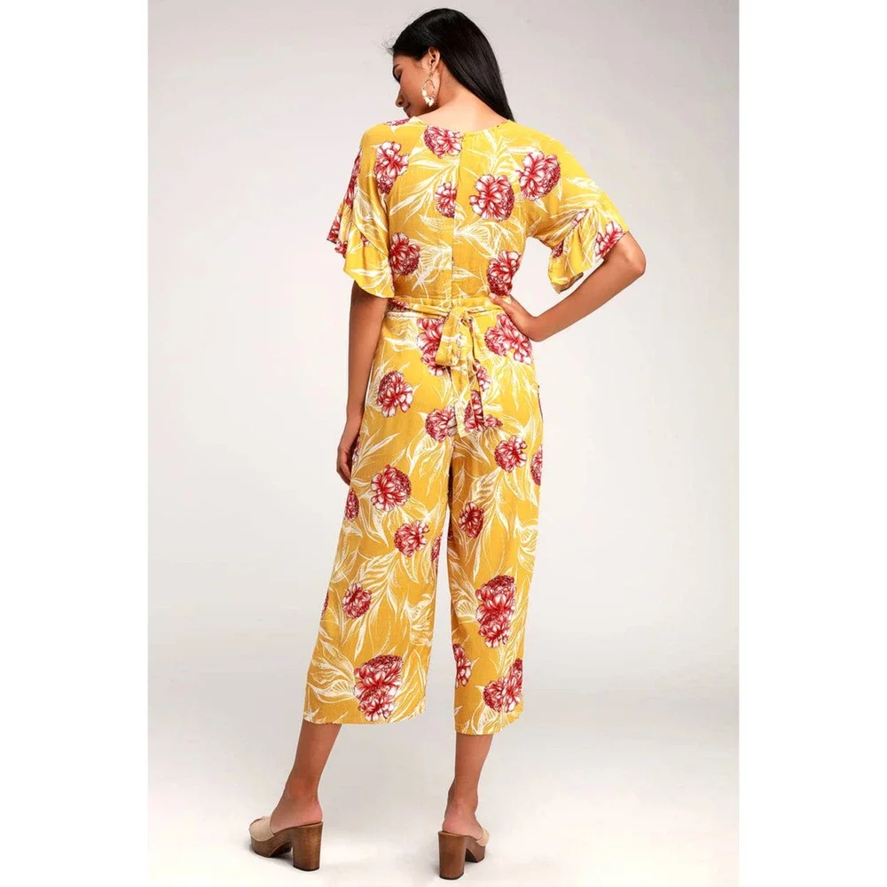 Lulus Garden's Glory Mustard Yellow Floral Print Culotte Jumpsuit - Picture 3 of 13